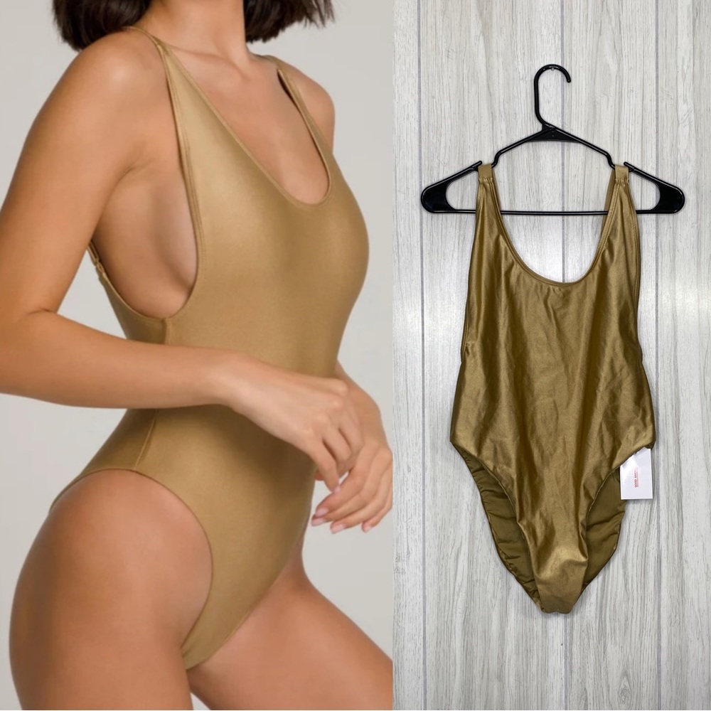 NWT Good American High Cut Deep Back One Piece Bodysuit in Gold Bronze size 4 XL